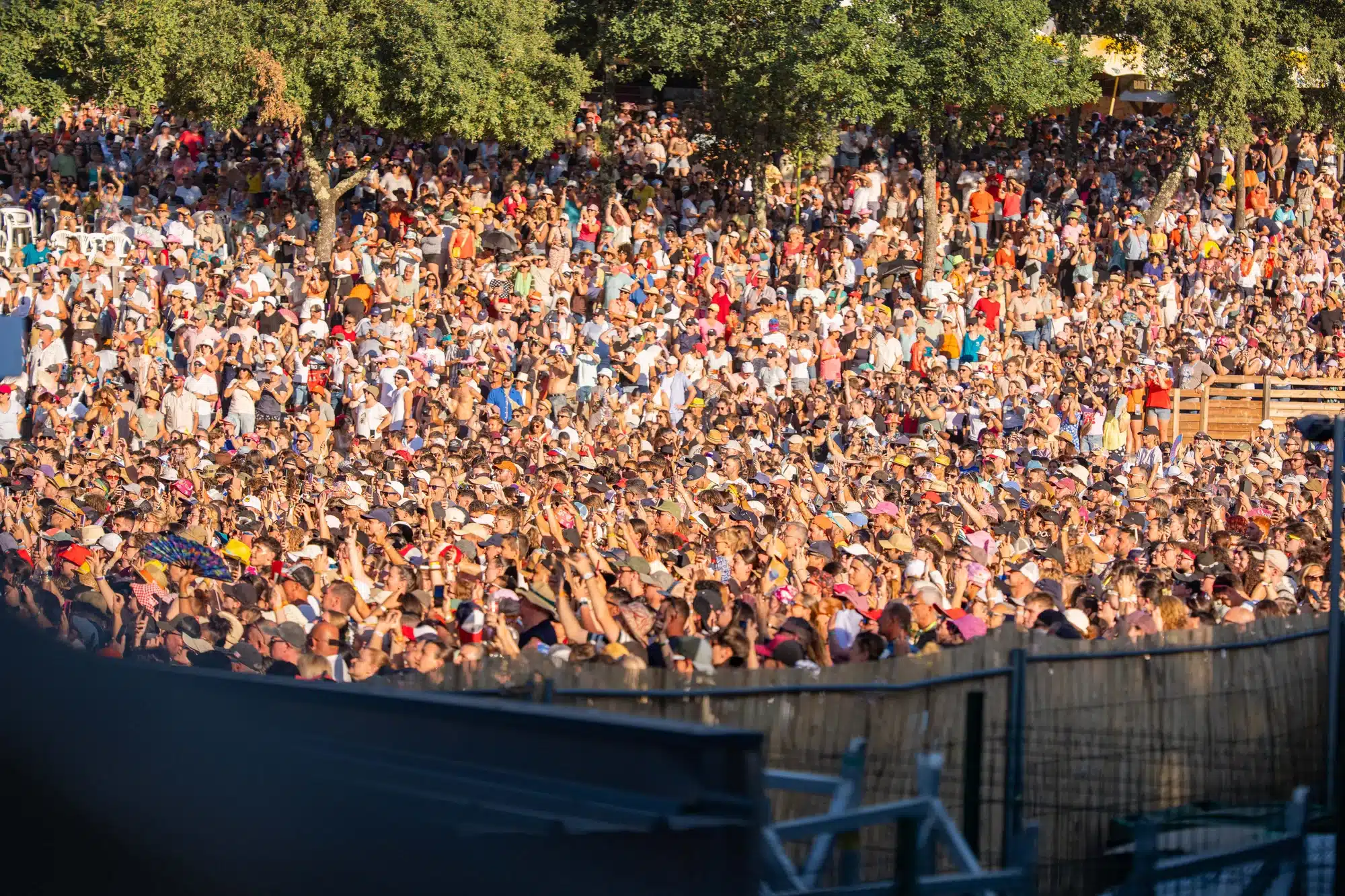 Une foule immense de festivaliers en plein air, sous un soleil éclatant, les bras levés.