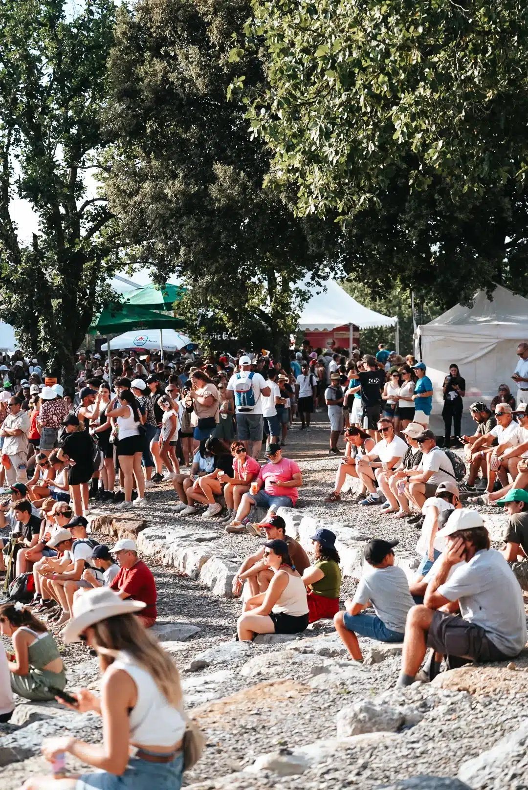 Une foule de festivaliers se détend à l'ombre des arbres lors d'un événement en plein air.